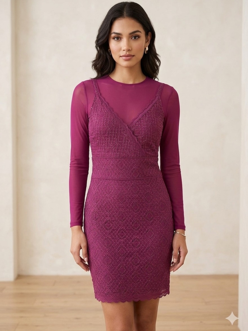Free People Long-Sleeve Lace Sheath Dress in Plum. Sz L.G